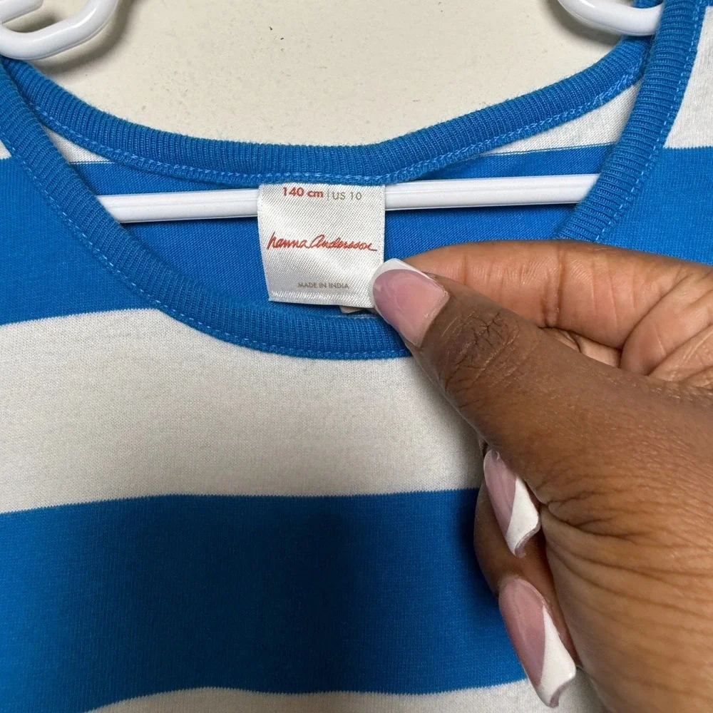 Hanna‎ Andersson Mixie Dress 10 Daisy Blue White Stripe Patchwork  Pockets 140cm